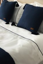 Loom Bed Runner & Pillow Covers | Set of 3 | Navy Blue Linen Blend Bedset - Image 2