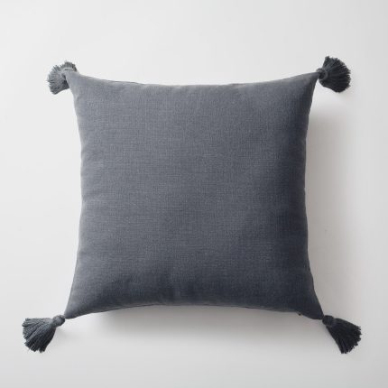 Loom | Dark Gray Solid Neutral Linen Blend Tassel Square 20''x20'' Throw Pillow Cover