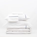 Lusso | 100% Cotton Sateen Navy Blue Pipping Queen Size White Duvet Cover Set